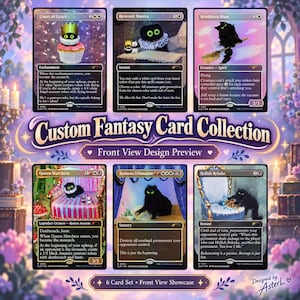 May include: A set of six custom fantasy cards featuring black cat illustrations. The cards are titled Court of Grace, Reverent Mantra, Windborn Muse, Queen Marchesa, Ruinous Ultimatum, and Hellish Rebuke, displayed in a grid layout.