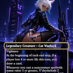 Może przedstawiać: Karta kolekcjonerska Magic: The Gathering przedstawiająca Y'shtolę, Night's Blessed, białowłosą postać z kocimi uszami w czarnym skórzanym stroju, trzymającą karabin. Tekst karty zawiera nazwę, koszt many, zdolności oraz statystyki 2/4.