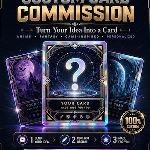 May include: A custom card commission service advertisement featuring three holographic-style cards with dark, celestial, and fantasy-themed illustrations. The central card displays a large question mark and the text 'YOUR CARD MADE JUST FOR YOU'.