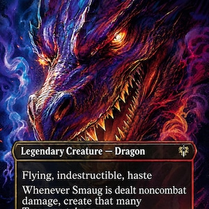 May include: A collectible trading card featuring a detailed illustration of a dragon head with glowing orange eyes, purple and red scales, and sharp teeth. The card text reads Smaug the Impenetrable, Legendary Creature, Dragon, 8/7, and game rules.
