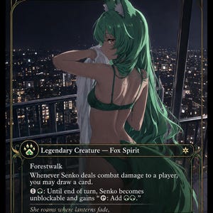 May include: A custom trading card titled Senko, featuring an anime-style fox spirit with long green hair and fox ears. The character wears a green bikini top and holds a white cloth. The background shows a city skyline at night with city lights.