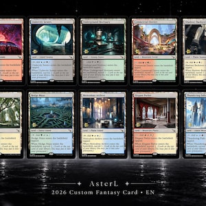May include: A collection of ten rectangular fantasy game cards arranged in two rows of five. Each card features unique landscape illustrations, text descriptions, and mana symbols. The bottom of the image displays the text AsterL 2026 Custom Fantasy Card EN.