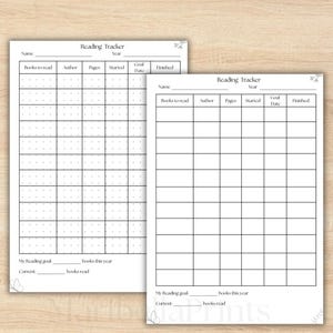 Peut inclure: Deux feuilles de suivi de lecture en papier blanc avec des lignes de grille noires. Chaque feuille comporte des colonnes intitulées Books to read, Author, Pages, Started, Goal Date et Finished. Les sections inférieures incluent des lignes.