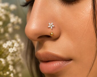 14K Vergoldete Blumen Nasenstecker | Edelstahl Zirkon Nasenring | Zierlicher Nose Piercing Schmuck für Frauen | Jeden Tag Nase Schmuck Geschenk