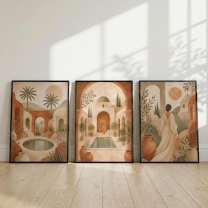 Set van 3 Posters Mediterrane Vrouw, Boho Wanddecoratie Terracotta, Woestijn Palmboom Kunst, Olijfboom Decor, Verhuiscadeau