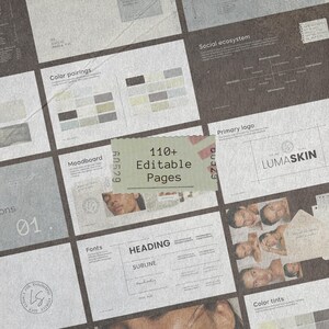 May include: A digital brand identity presentation template featuring 110+ editable pages. The layout displays sections for brand foundations, color pairings, moodboards, typography, and logo design, all presented in a neutral, professional aesthetic.