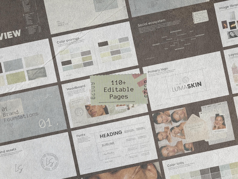 May include: A digital brand identity presentation template featuring 110+ editable pages. The layout displays sections for brand foundations, color pairings, moodboards, typography, and logo design, all presented in a neutral, professional aesthetic.