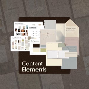 Könnte beinhalten: Ein digitales Design-Kit mit dem Titel Content Elements, das eine Bildbibliothek, ein Icon-System, Layout-Elemente und Hintergrundmuster enthält. Das Set umfasst einen beigen Umschlag mit Bindfadenverschluss, ein Ringbuch und verschiedene Karten.