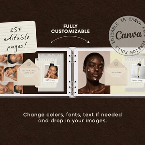 May include: A digital scrapbook template featuring 25+ editable pages with ring-bound layout, photo placeholders, envelope graphics, and text elements. The design includes text stating 25+ editable pages, fully customizable, and Canva.