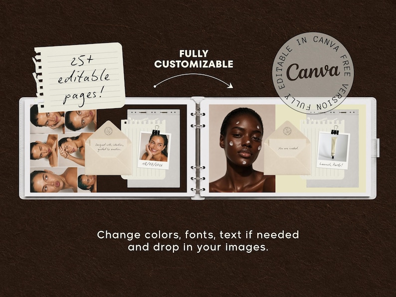 May include: A digital scrapbook template featuring 25+ editable pages with ring-bound layout, photo placeholders, envelope graphics, and text elements. The design includes text stating 25+ editable pages, fully customizable, and Canva.