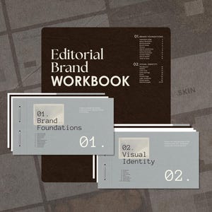 May include: A dark brown Editorial Brand Workbook with white text, accompanied by two light gray booklets. The first booklet is titled 01. Brand Foundations, and the second booklet is titled 02. Visual Identity, both featuring white text and numbering.
