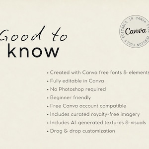 May include: A cream-colored digital information card with the black text Good to know and a circular stamp reading Editable in Canva Free Version. The list includes features like created with Canva free fonts, fully editable, and drag and drop.