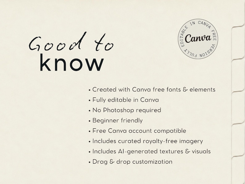 May include: A cream-colored digital information card with the black text Good to know and a circular stamp reading Editable in Canva Free Version. The list includes features like created with Canva free fonts, fully editable, and drag and drop.