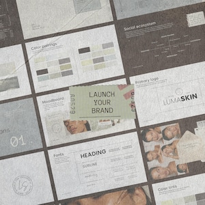 May include: A brand identity presentation board featuring multiple slides with the text "LAUNCH YOUR BRAND" on a central ticket-style graphic. The layout includes sections for color pairings, moodboards, typography, and logo design for LUMASKIN.