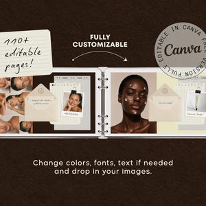 May include: A digital template for a photo album or scrapbook featuring 110+ editable pages. The layout includes placeholders for photographs, envelopes, and notes. Text on the image reads: 110+ editable pages!, FULLY CUSTOMIZABLE, Canva, and Change colors, fonts, text if needed and drop in your images.