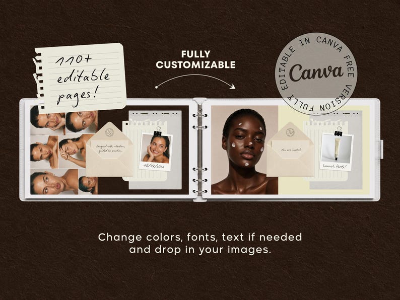 May include: A digital template for a photo album or scrapbook featuring 110+ editable pages. The layout includes placeholders for photographs, envelopes, and notes. Text on the image reads: 110+ editable pages!, FULLY CUSTOMIZABLE, Canva, and Change colors, fonts, text if needed and drop in your images.