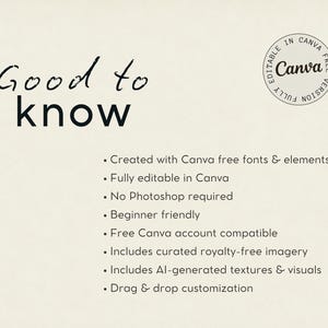 May include: A cream-colored informational card with the text Good to know and a circular Canva logo. The card lists features including compatibility with free Canva accounts, drag and drop customization, and the use of royalty-free imagery.