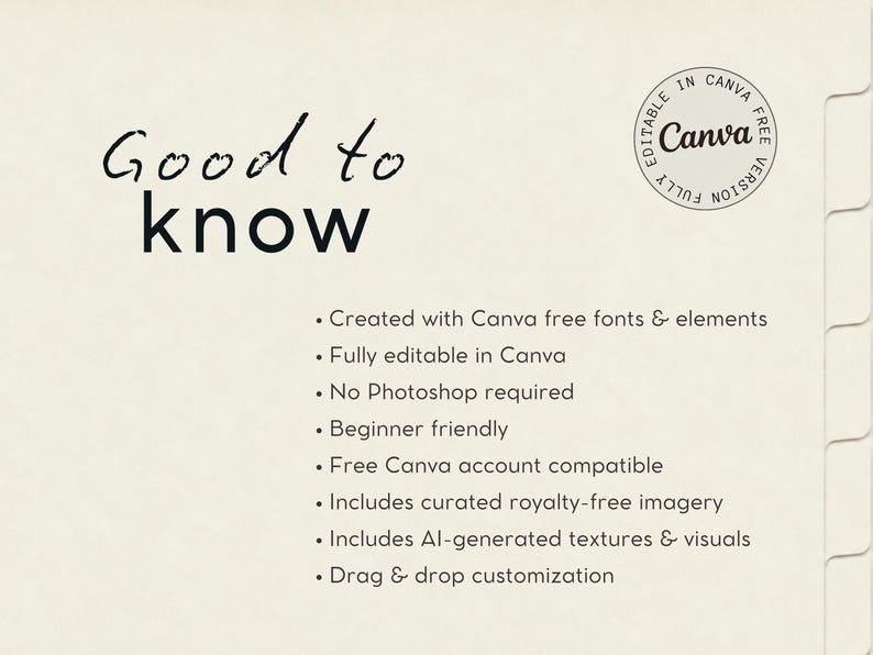 May include: A cream-colored informational card with the text Good to know and a circular Canva logo. The card lists features including compatibility with free Canva accounts, drag and drop customization, and the use of royalty-free imagery.