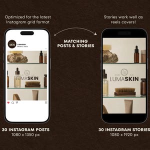 May include: Two smartphones displaying social media content for LUMASKIN. The left screen shows an Instagram post format, while the right screen shows a vertical story format. Both screens feature skincare products on shelves and the text LUMASKIN.