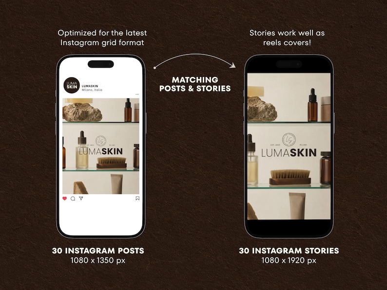 May include: Two smartphones displaying social media content for LUMASKIN. The left screen shows an Instagram post format, while the right screen shows a vertical story format. Both screens feature skincare products on shelves and the text LUMASKIN.