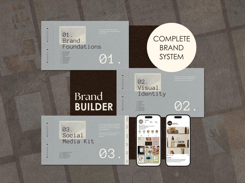May include: A brand builder kit featuring three light gray rectangular documents labeled 01. Brand Foundations, 02. Visual Identity, and 03. Social Media Kit. Two smartphones display social media profiles, and a circular badge reads COMPLETE BRAND SYSTEM.