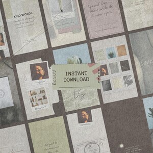 May include: A digital collection of social media templates featuring a muted color palette with various textures, photography of faces and skincare products, and text overlays including "KIND WORDS," "LUMASKIN," and "INSTANT DOWNLOAD" on a ticket.