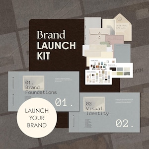 May include: A brand launch kit featuring a dark brown folder, two light gray document covers labeled Brand Foundations and Visual Identity, and various stationery items including envelopes and cards with the text Brand Launch Kit and Launch Your Brand.