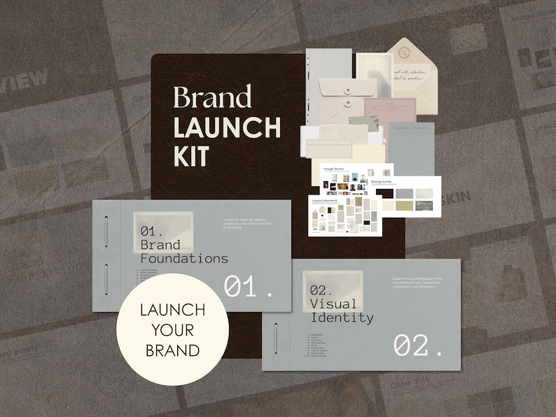 May include: A brand launch kit featuring a dark brown folder, two light gray document covers labeled Brand Foundations and Visual Identity, and various stationery items including envelopes and cards with the text Brand Launch Kit and Launch Your Brand.