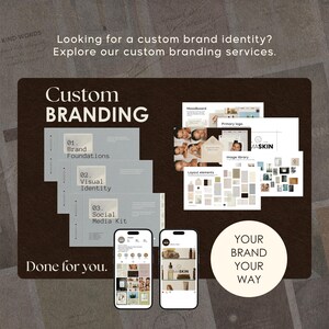 May include: A digital display showcasing custom branding services with the text "Custom Branding," "Done for you," and "Your brand your way." The layout includes multiple document previews, two smartphone screens showing social media feeds, and various design elements.