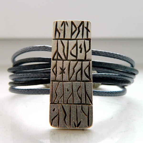 Black Metallic Steel Natural Sea Blue Leather Graphite Grey Cord Runes Plate Shield Bracelet - Inspired by Vikings