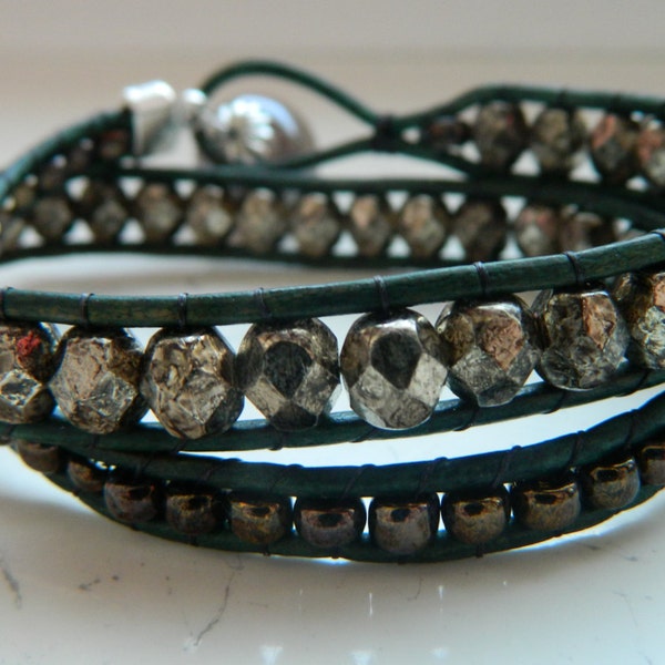 Bombur Metallic Shaded Ancient Gold and Turquoise Leather Wrap Beaded Bracelet - Inspired by The Hobbit