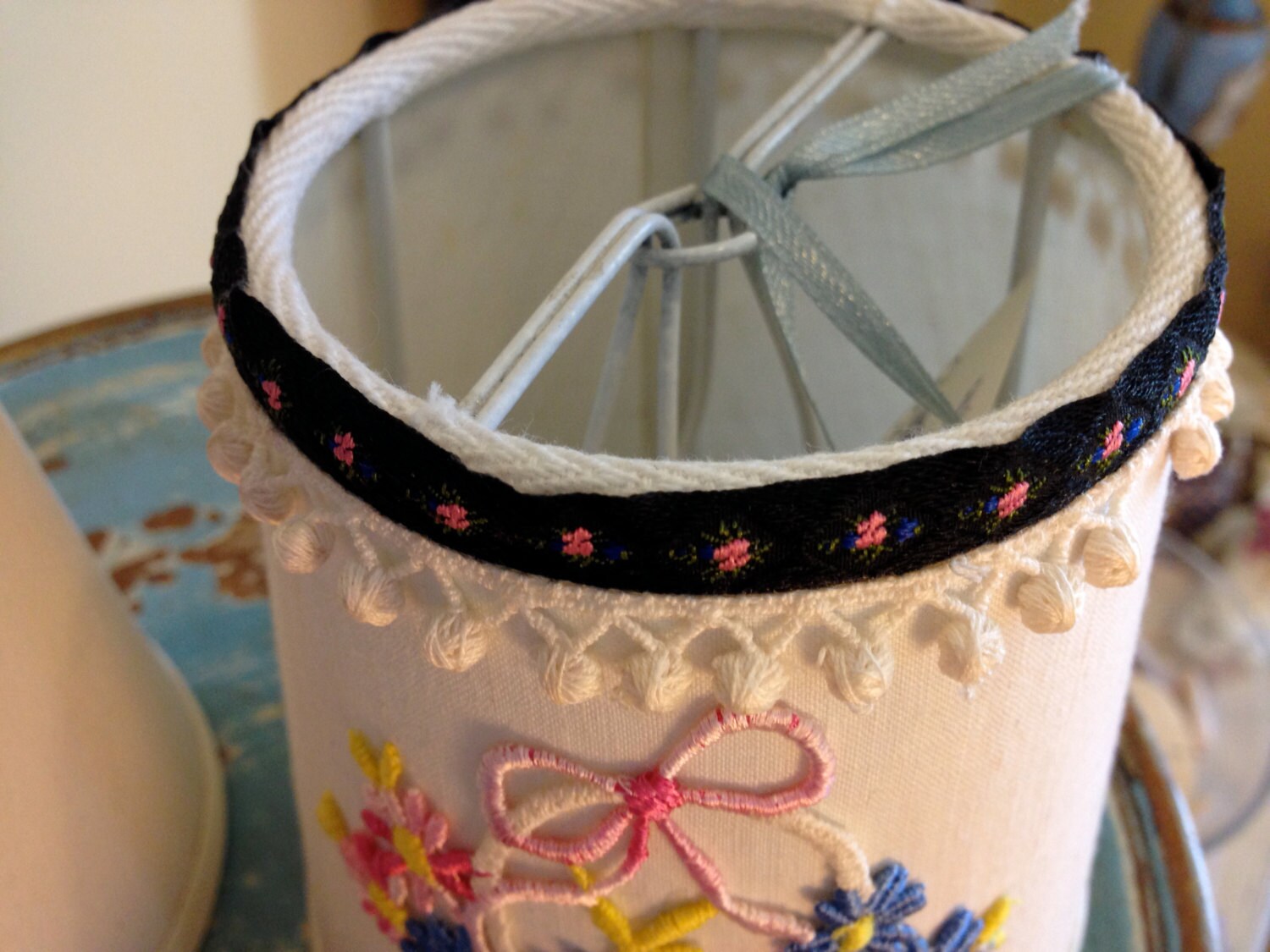 Pair of Candle Clip Lamp Shades, Vintage Linen Sheet, Lace Appliqué