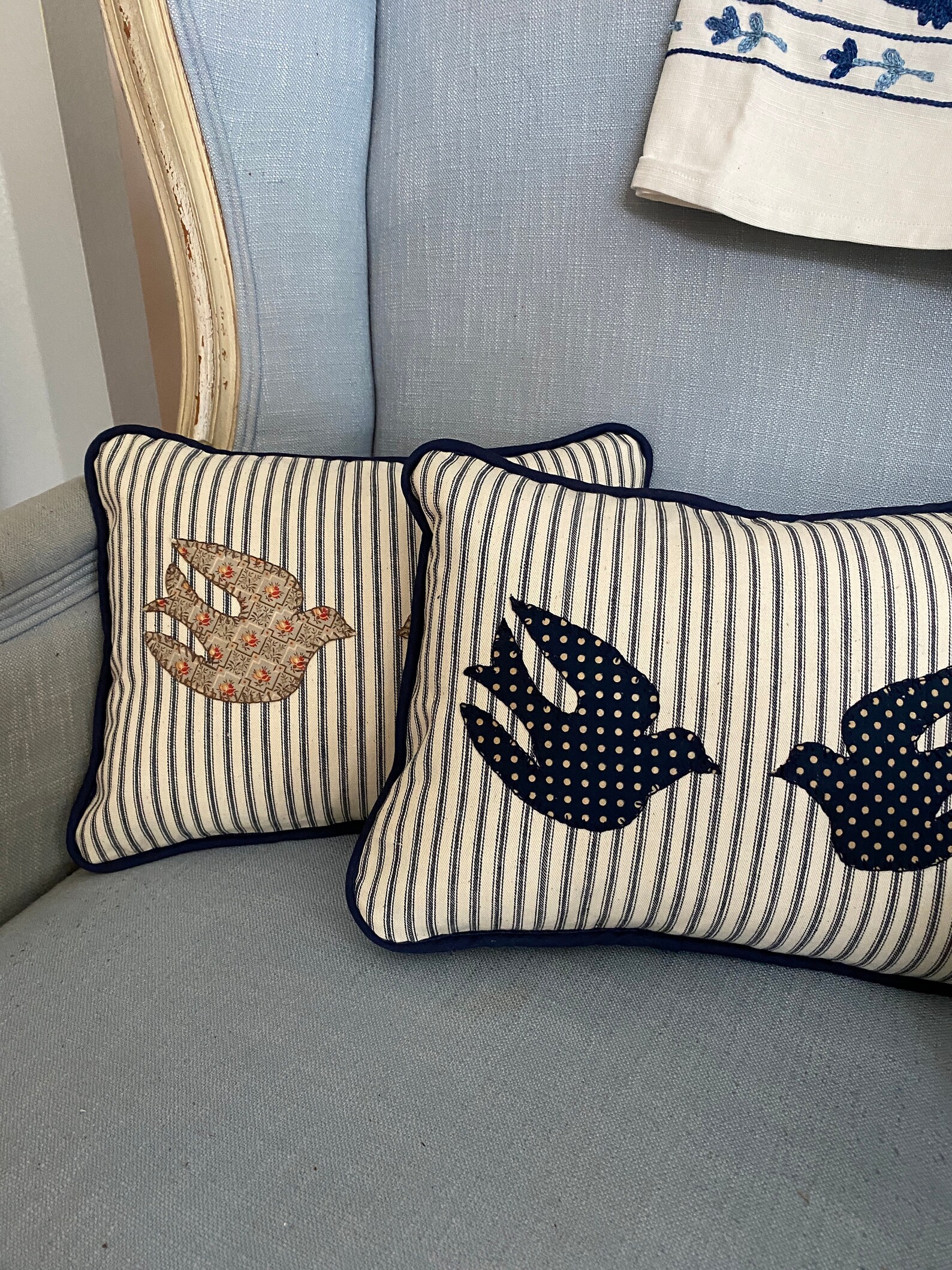 Vintage Fabric Pillow, Appliques Birds, French Fabric, Embroidered Etsy