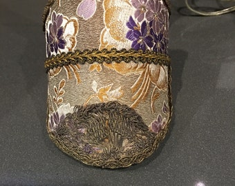 Pair of lamp shades made from silk and metallic French ribbon