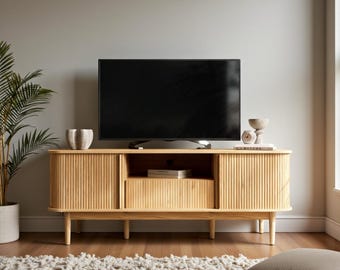 Mid Century Modern TV Stand for TVs up to 70", Tambour Media Console with Sliding Doors