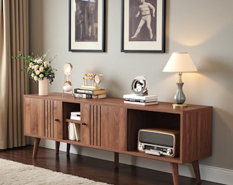 63" Mid Century Modern TV Stand with Sliding Doors, Walnut Media Console for TVs up to 65"