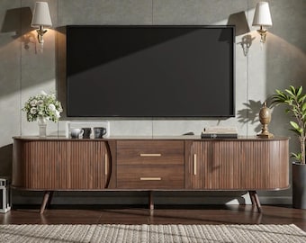 Mid Century Modern TV Stand for 80 Inch TVs, Dark Walnut Media Console with Storage