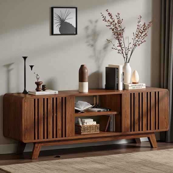 Mid Century Modern Walnut TV Stand, Slatted Sliding Doors Entertainment Center