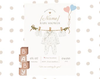 Baby Shower Invitation Template Canva, Editable boho baby invite, Instant download