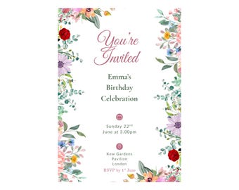 Blumen Geburtstagseinladung Canva Vorlage | Bearbeitbares Aquarell Party Einladen | Druckbar | Sofortiger digitaler Download