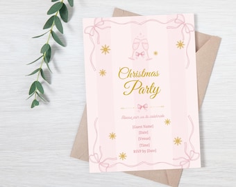 Rosa Coquette Weihnachtsfeier-Einladung ~ Bearbeitungsbare Canva Vorlage ~ Schleife Weihnachten Einladen ~ Sofort Download