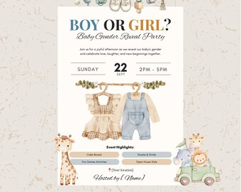 Boho Gender Reveal Invitation Template – Watercolour Baby Boy or Girl Party (Digital Download)