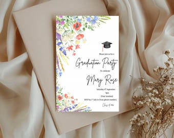 Graduierung Einladung ~ Aquarell Blumen Einladung Einladung ~ Digitaler Download ~ Canva Template