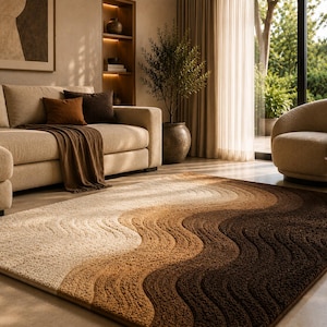 May include: A rectangular area rug featuring a textured, wavy pattern in a gradient of colors, transitioning from cream to light brown and ending in a deep dark brown. The rug has a thick, plush pile surface with distinct curved lines throughout.