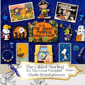 May include: A collection of Peanuts-themed Halloween ephemera including enamel pins, cards, and stickers featuring Charlie Brown, Snoopy, and Woodstock. The items display pumpkins, ghosts, and text such as It's The Great Pumpkin, Charlie Brown.