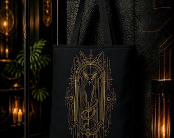 The Portal Sigil Tote Bag - Occult Black Cat Bag, Dark Art Deco, Witchy Gold Linework
