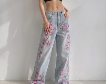 Weite Jeans mit Blumenstickerei | Baggy-Jeans | Jeans mit Kirschblütenmuster | Lässige Streetwear für Damen