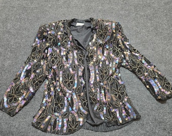Chaqueta vintage de seda con cuentas de Frank Usher, blazer negro con lentejuelas iridiscentes Whimsigoth