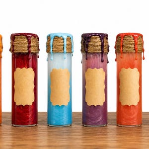 Può includere: Sei bottiglie cilindriche in vetro riempite con liquidi vibranti e scintillanti nei colori arancione, rosso scuro, azzurro, viola, corallo e giallo. Ogni bottiglia presenta un tappo di sughero avvolto da spago, cera colata e un'etichetta beige.