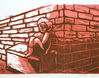Stampa "Ragazzo Rosso Triste", stampe artistiche, stampa su linoleum